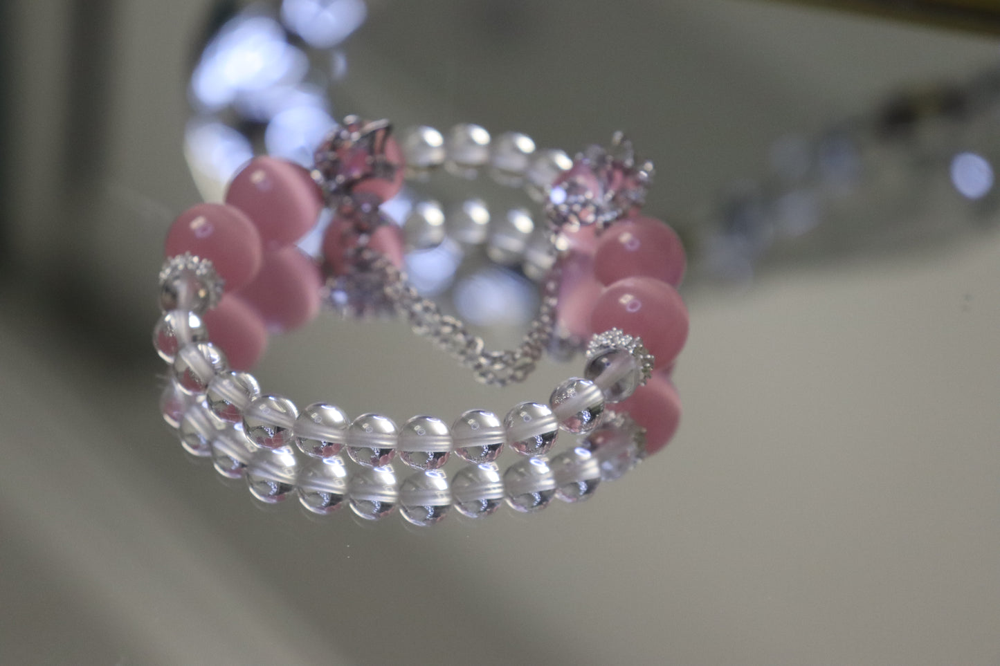 Harmony Woven Bracelet: Pink Cat's Eye + White Crystal for Love & Clarity