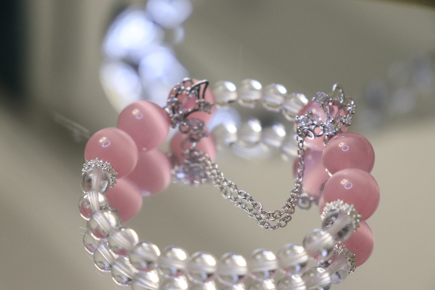 Harmony Woven Bracelet: Pink Cat's Eye + White Crystal for Love & Clarity
