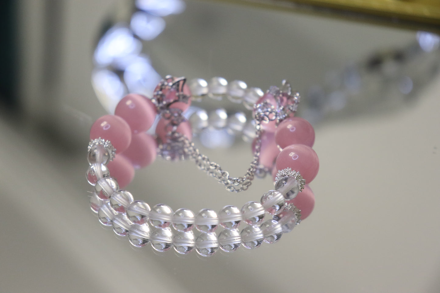 Harmony Woven Bracelet: Pink Cat's Eye + White Crystal for Love & Clarity