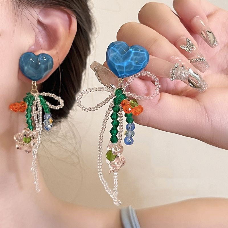 Ocean Dream! Blue Crystal Heart Earring Set | Floral Fringe Drops | Fairy Charm | Fast Shipping