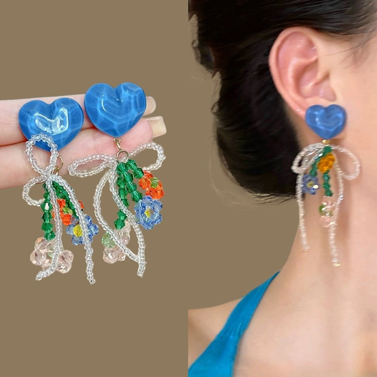Ocean Dream! Blue Crystal Heart Earring Set | Floral Fringe Drops | Fairy Charm | Fast Shipping