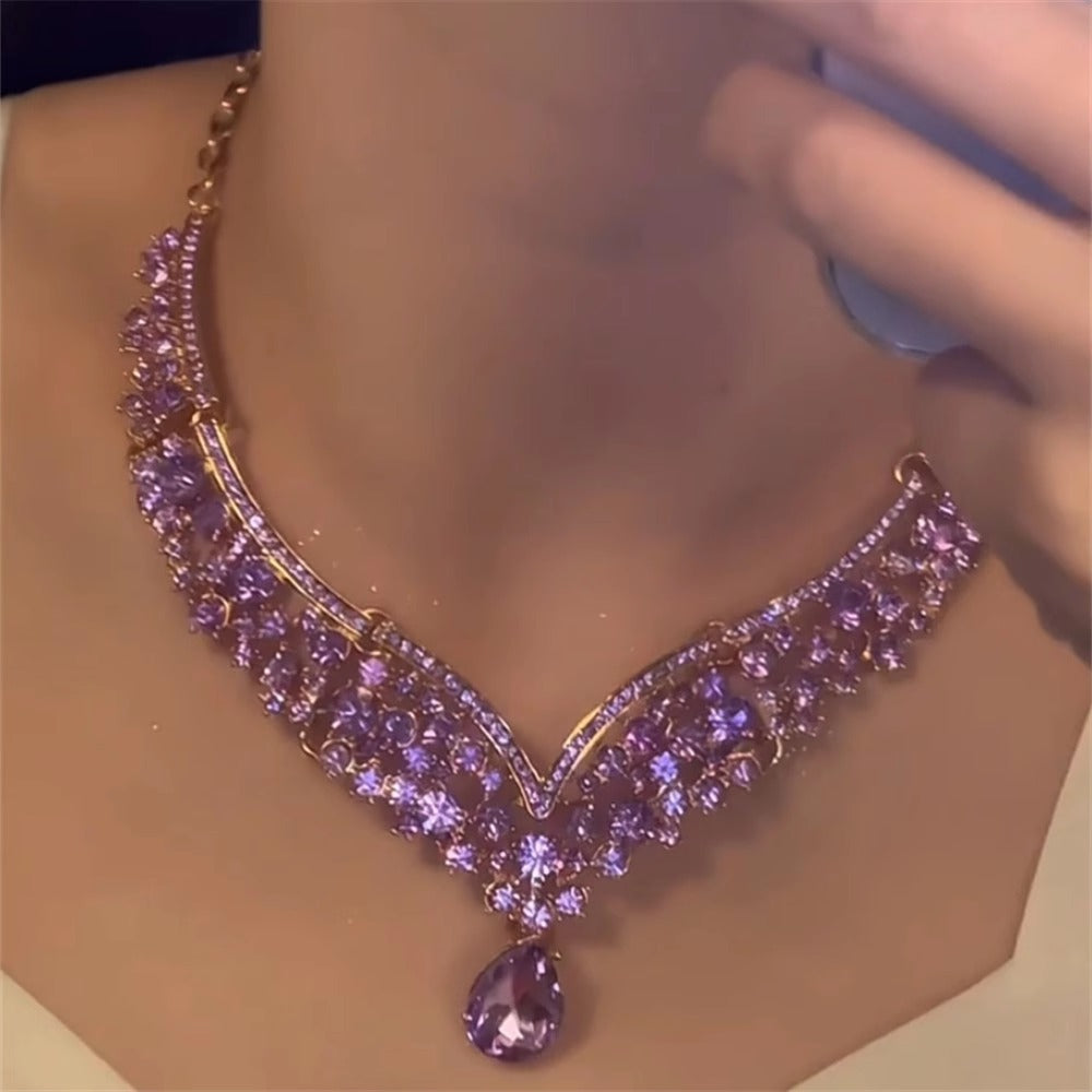 Purple Queen Teardrop Crystal Necklace Set | Luxe Evening Jewelry | Bridal Accessories