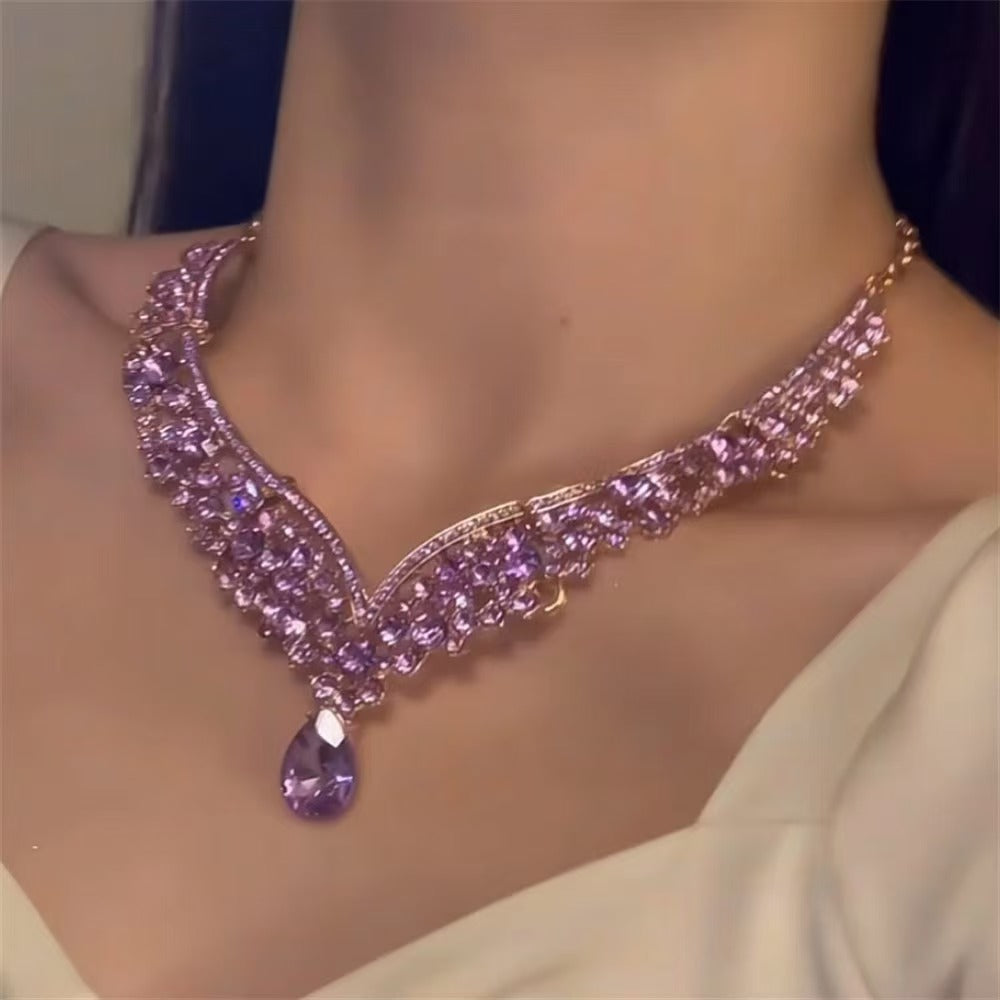 Purple Queen Teardrop Crystal Necklace Set | Luxe Evening Jewelry | Bridal Accessories