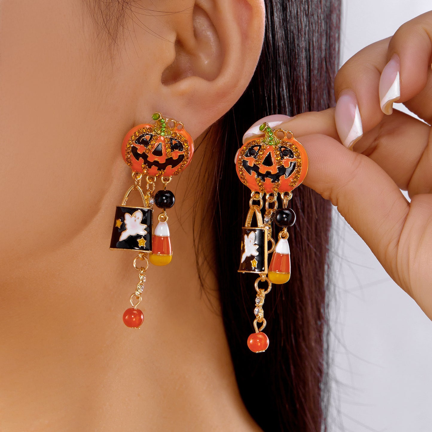 New Halloween Ghost Face Pumpkin Candy Pendant Earrings Wooden Gothic Style Double sided Earrings