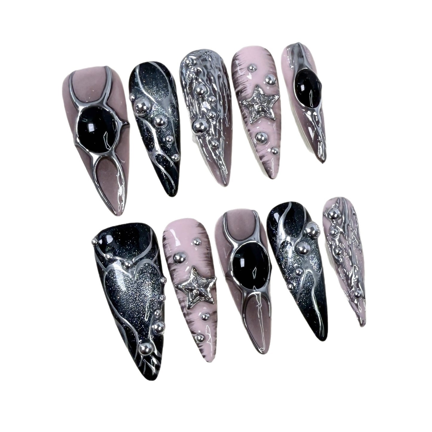 Metallic hand-painted nail art with long pointed nails, 3D effect, sweet and spicy style, cat-eye design, wearable nails, all handcrafted.