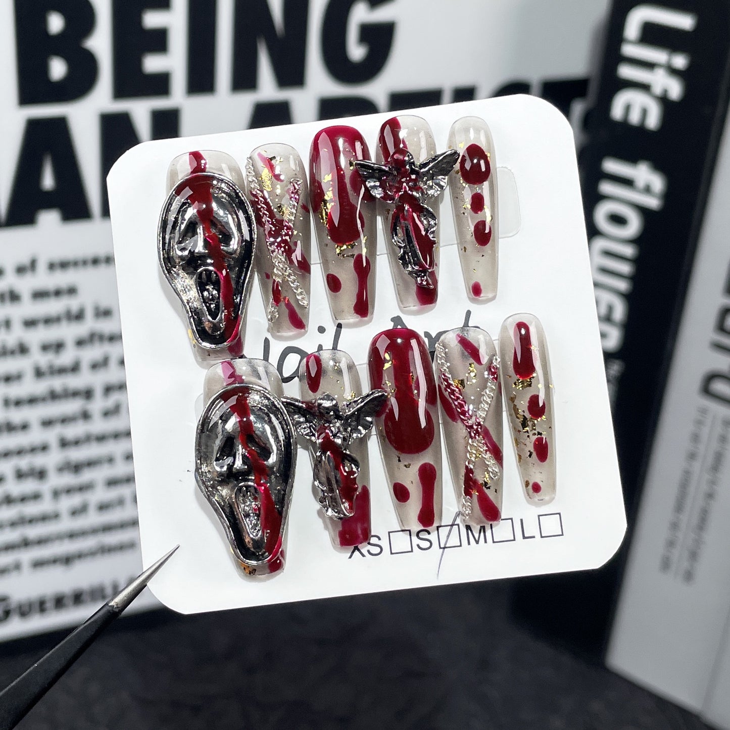 Dark Gothic Blood-stained Rose Handmade Wearable Nail Art, Unique and High-end Finished Nail Stickers, Cross-border European and American Style Nail Art