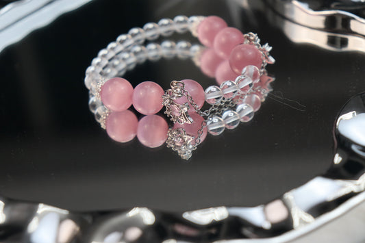 Harmony Woven Bracelet: Pink Cat's Eye + White Crystal for Love & Clarity