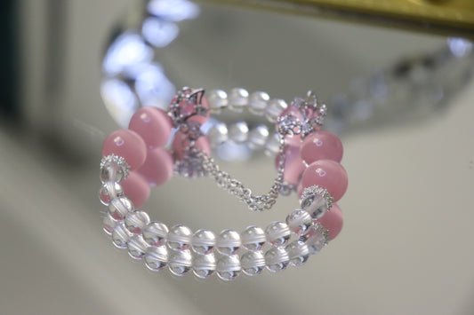 Harmony Woven Bracelet: Pink Cat's Eye + White Crystal for Love & Clarity