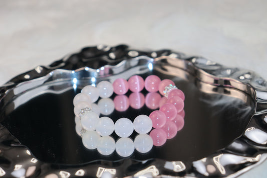 Pink Cat Eye & White Agate Bracelet – Luck, Love & Positive Energy!