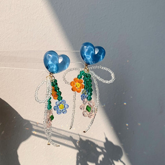 Ocean Dream! Blue Crystal Heart Earring Set | Floral Fringe Drops | Fairy Charm | Fast Shipping