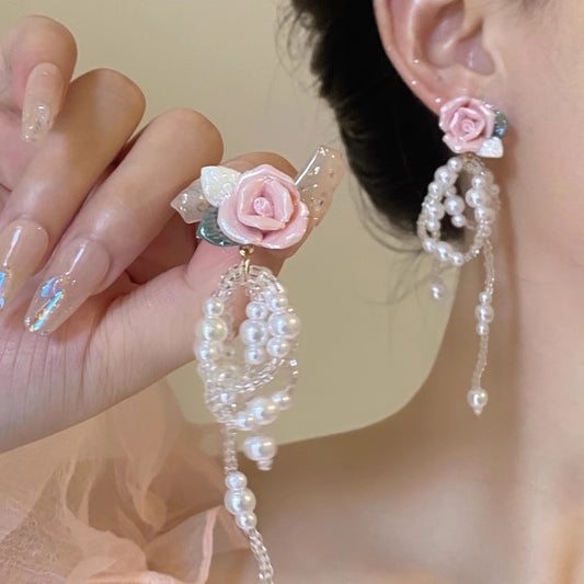 Pink Rose Pearl Fringe Earrings | Perfect Harmony of Elegance and Glamour | Mature Floral Design | Fast Shipping