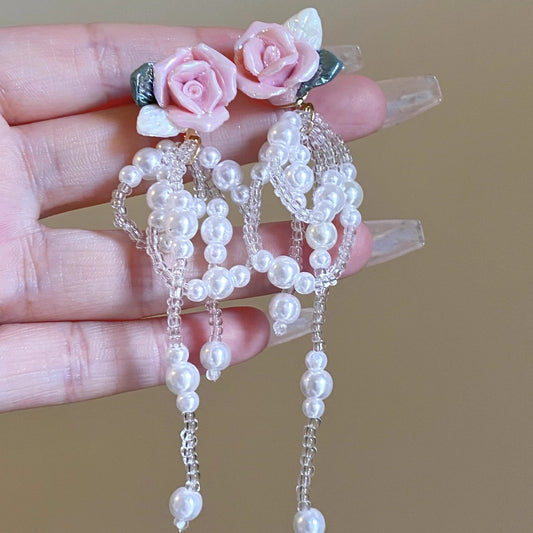 Pink Rose Pearl Fringe Earrings | Perfect Harmony of Elegance and Glamour | Mature Floral Design | Fast Shipping