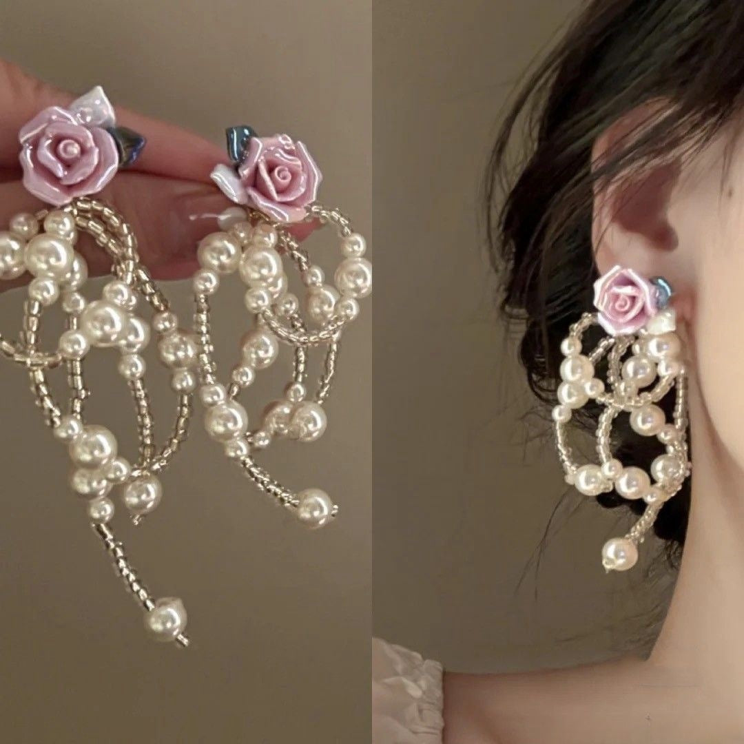Pink Rose Pearl Fringe Earrings | Perfect Harmony of Elegance and Glamour | Mature Floral Design | Fast Shipping