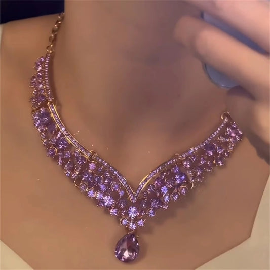 Purple Queen Teardrop Crystal Necklace Set | Luxe Evening Jewelry | Bridal Accessories