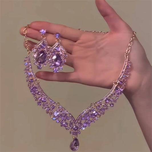 Purple Queen Teardrop Crystal Necklace Set | Luxe Evening Jewelry | Bridal Accessories