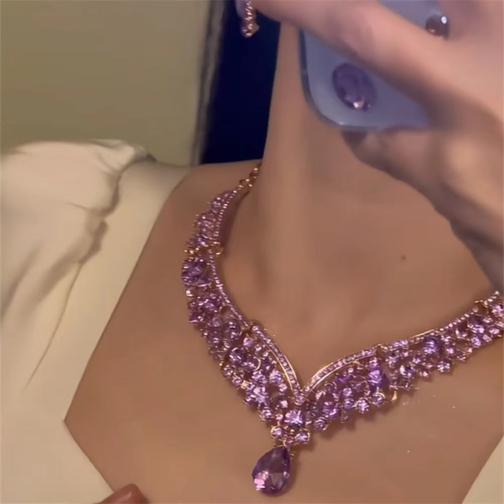 Purple Queen Teardrop Crystal Necklace Set | Luxe Evening Jewelry | Bridal Accessories