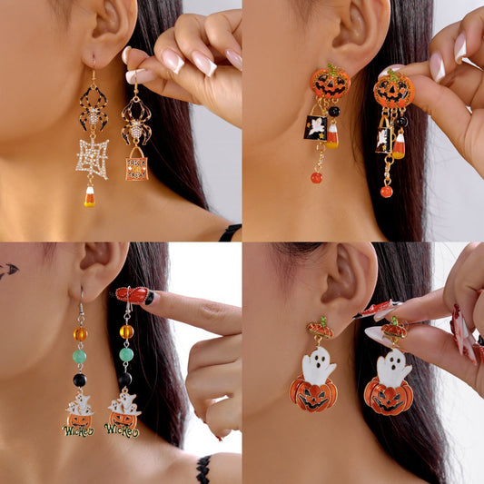 New Halloween Ghost Face Pumpkin Candy Pendant Earrings Wooden Gothic Style Double sided Earrings