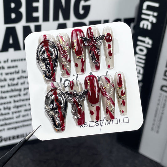 Dark Gothic Blood-stained Rose Handmade Wearable Nail Art, Unique and High-end Finished Nail Stickers, Cross-border European and American Style Nail Art