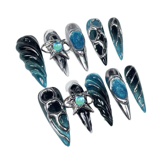 Sweet and cool spicy girl handmade wearable nail, European and American relief metal shape heavy work long pointed nail sticker wearable false nail