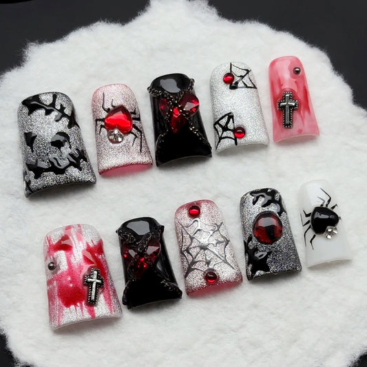 Pure Halloween hand-painted red star cartoon unique wearable press-on nails art fake nails made by hand for wearing