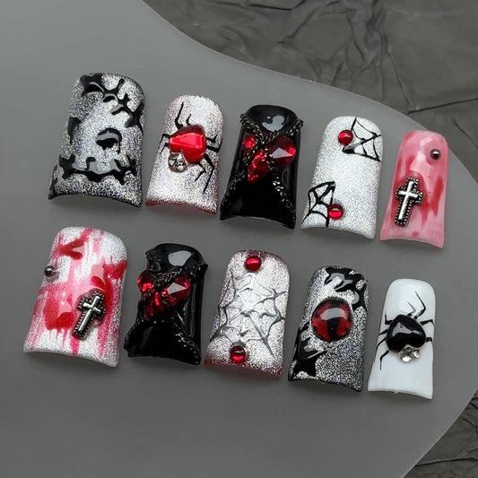 Pure Halloween hand-painted red star cartoon unique wearable press-on nails art fake nails made by hand for wearing
